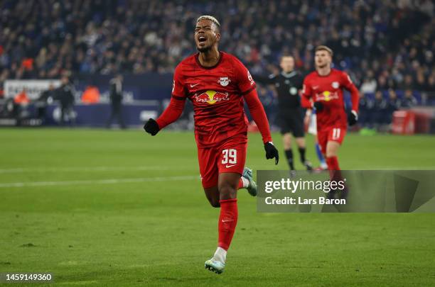 Benjamin Henrichs of RB Leipzig celebrates after scoring the team's second goal during the Bundesliga match between FC Schalke 04 and RB Leipzig at...