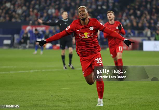 Benjamin Henrichs of RB Leipzig celebrates after scoring the team's second goal during the Bundesliga match between FC Schalke 04 and RB Leipzig at...