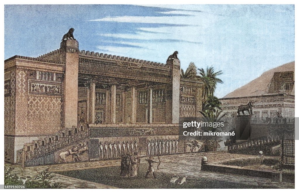 Old engraved illustration of Hundred Columns Hall, Hundred Columns Palace, of Darius, Darius, at Persepolis, Persia, Iran, after a restoration