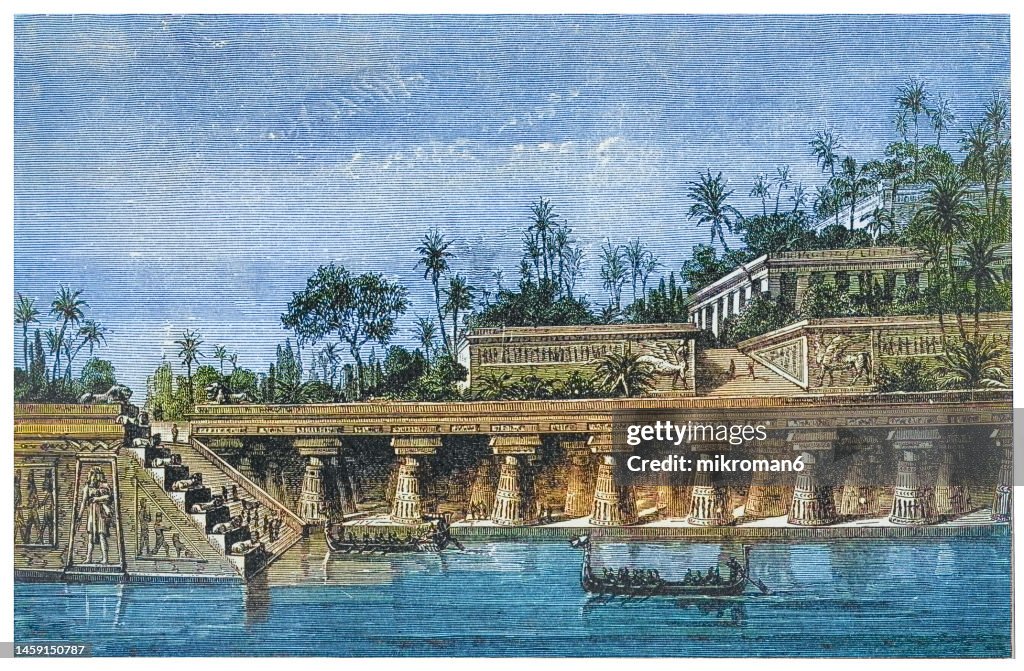 Old engraved illustration of the Hanging Gardens of Babylon were one of the Seven Wonders of the Ancient World listed by Hellenic culture