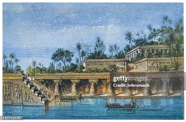 old engraved illustration of the hanging gardens of babylon were one of the seven wonders of the ancient world listed by hellenic culture - garden tomb stock pictures, royalty-free photos & images