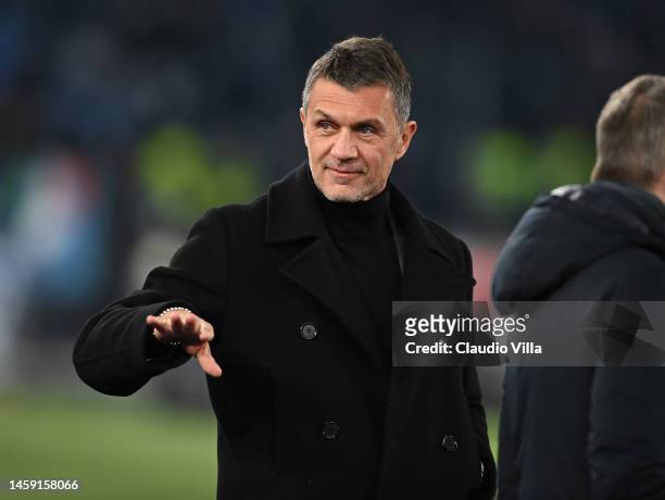 Paolo Maldini of AC Milan attends before the Serie A match between SS Lazio and AC MIlan at Stadio Olimpico on January 24, 2023 in Rome, Italy.
