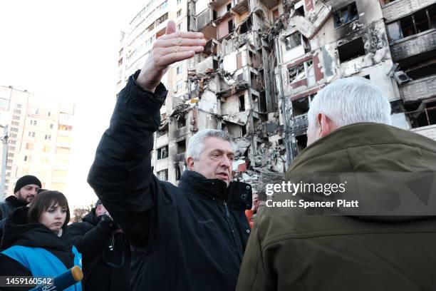 Filippo Grandi, the United Nations High Commissioner for Refugees, tours a neighborhood in Kharkiv that was heavily damaged by the Russians on...