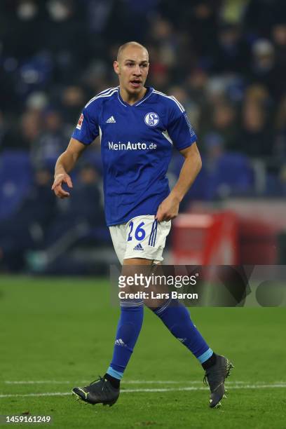Michael Frey of FC Schalke 04 looks on during the Bundesliga match between FC Schalke 04 and RB Leipzig at Veltins-Arena on January 24, 2023 in...