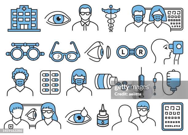 ilustraciones, imágenes clip art, dibujos animados e iconos de stock de oftalmología. conjunto de iconos de línea. iconos médicos. - ojos rojos