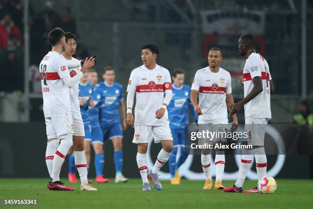 Players of VfB Stuttgart react after Andrej Kramaric of TSG Hoffenheim scores the team's first goal during the Bundesliga match between TSG...