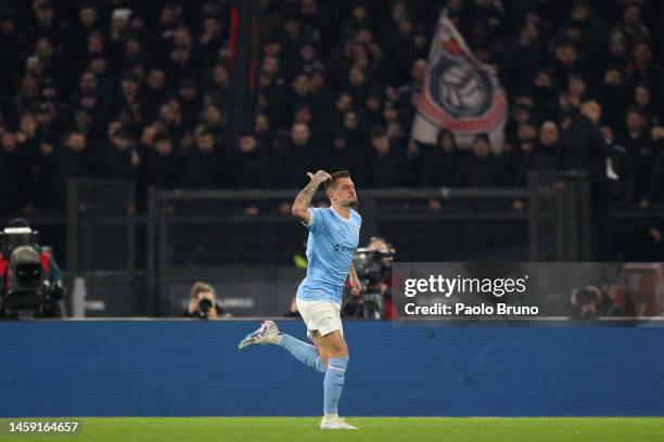 Sergej Milinkovic-Savic of SS Lazio celebrates after scoring the team's first goal during the Serie A match between SS Lazio and AC Milan at Stadio...