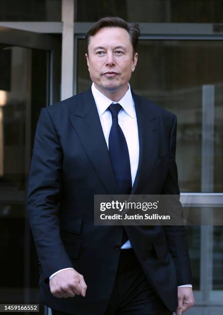 Tesla CEO Elon Musk leaves the Phillip Burton Federal Building on January 24, 2023 in San Francisco, California. Musk testified at a trial regarding...