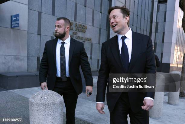 Tesla CEO Elon Musk leaves the Phillip Burton Federal Building on January 24, 2023 in San Francisco, California. Musk testified at a trial regarding...