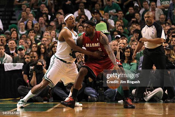 LeBron James of the Miami Heat posts up in the second quarter against Paul Pierce of the Boston Celtics in Game Six of the Eastern Conference Finals...