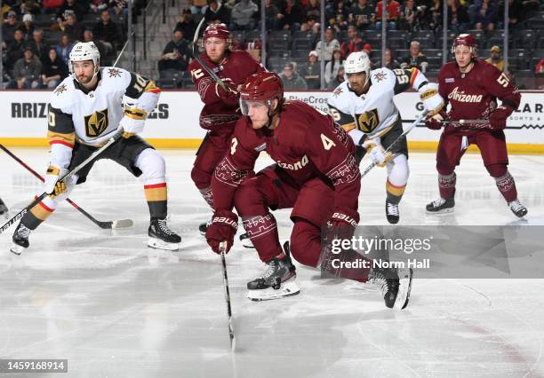 Juuso Valimaki of the Arizona Coyotes attempts to block a shot against the Vegas Golden Knights at Mullett Arena on January 22, 2023 in Tempe,...