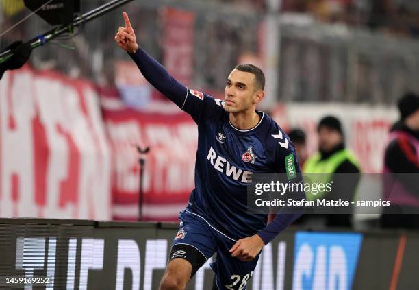 Ellyes Skhiri of 1.FC Koeln celebrates as he scores a goal during the Bundesliga match between FC Bayern München and 1. FC Köln at Allianz Arena on...