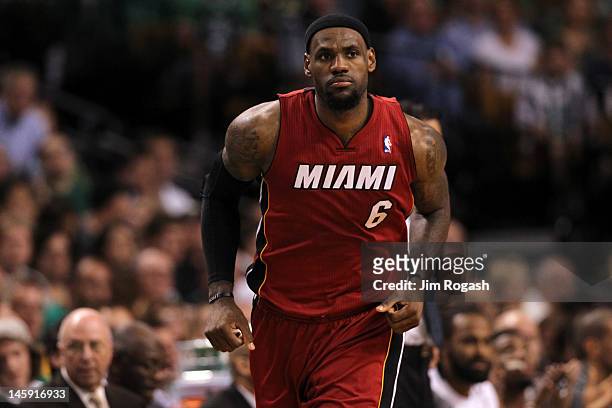 LeBron James of the Miami Heat runs up court in the first half against the Boston Celtics in Game Six of the Eastern Conference Finals in the 2012...