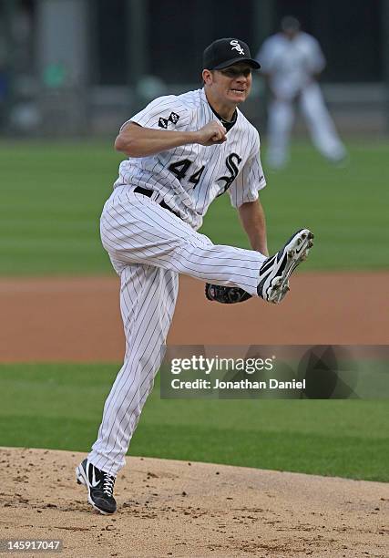 Starting pitcher Jake Peavy of the Chicago White Sox follows through after delivering the ball against the Toronto Blue Jays at U.S. Cellular Field...