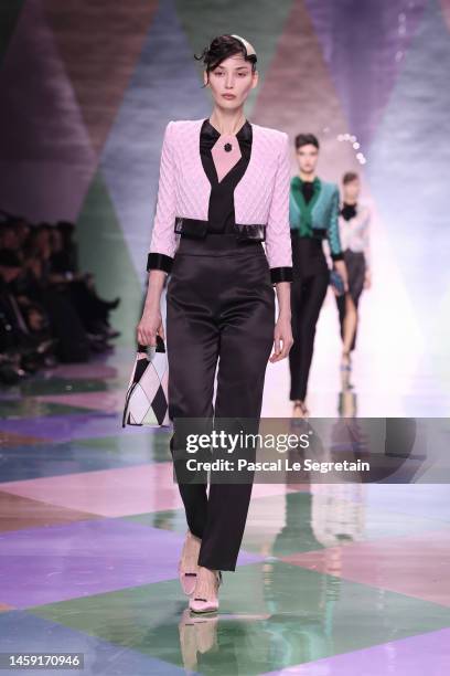 Model walks the runway during the Giorgio Armani Prive Haute Couture Spring Summer 2023 show as part of Paris Fashion Week on January 24, 2023 in...