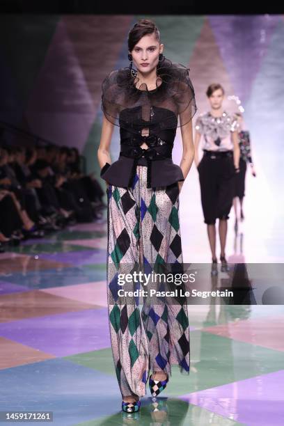 Model walks the runway during the Giorgio Armani Prive Haute Couture Spring Summer 2023 show as part of Paris Fashion Week on January 24, 2023 in...