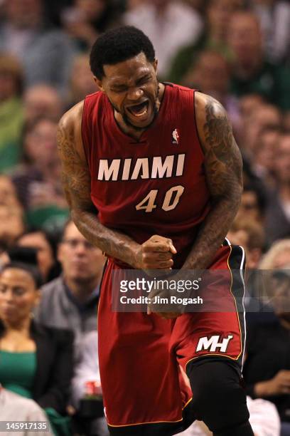 Udonis Haslem of the Miami Heat reacts in the first half against the Boston Celtics in Game Six of the Eastern Conference Finals in the 2012 NBA...