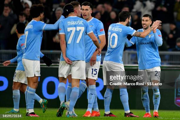 Mattia Zaccagni of SS Lazio celebrates a second goal with his team matesduring the Serie A match between SS Lazio and AC MIlan at Stadio Olimpico on...