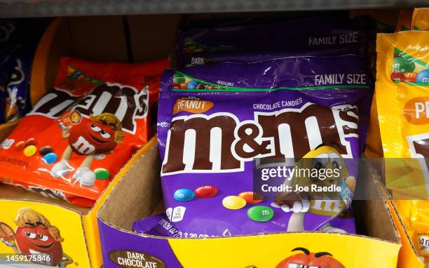 Packages of M&M's for sale are seen in a store on January 24, 2023 in Miami, Florida. M&M's announced that its multi-colored cast of candy cartoon...