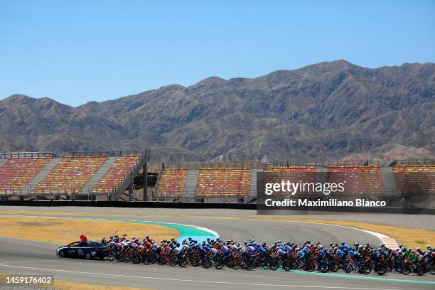 General view of the peloton passing through Circuito San Juan Villicum during the 39th Vuelta a San Juan International 2023 - Stage 3 a 170,9km stage...