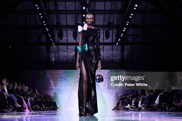 Model walks the runway during the Giorgio Armani Prive Haute Couture Spring Summer 2023 show as part of Paris Fashion Week on January 24, 2023 in...