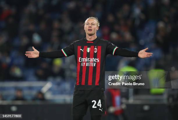 Simon Kjaer of AC Milan reacts during the Serie A match between SS Lazio and AC Milan at Stadio Olimpico on January 24, 2023 in Rome, Italy.