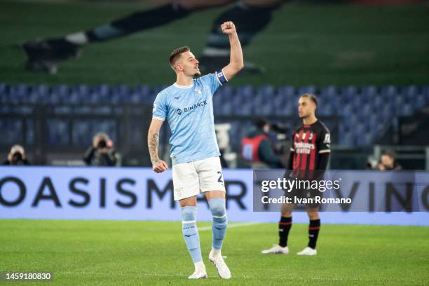 Sergej Milinković-Savić of SS Lazio celebrates after scoring a goal to make it 1-0 during the Serie A match between SS Lazio and AC MIlan at Stadio...