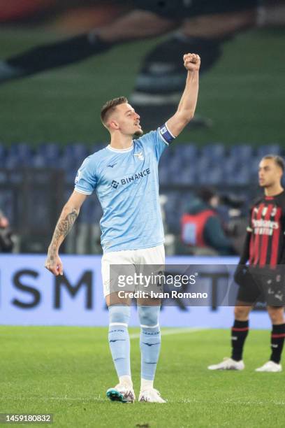 Sergej Milinković-Savić of SS Lazio celebrates after scoring a goal to make it 1-0 during the Serie A match between SS Lazio and AC MIlan at Stadio...
