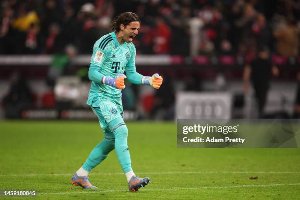 Yann Sommer of Bayern Munich celebrates following the team's draw in the Bundesliga match between FC Bayern München and 1. FC Köln at Allianz Arena...