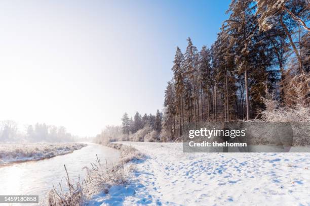 river wertach surrounded by winter landscape , augsburg, bavaria, germany - frozen water stock pictures, royalty-free photos & images
