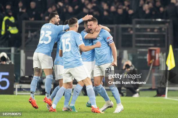 Sergej Milinković-Savić of SS Lazio celebrates after scoring a goal to make it 1-0 during the Serie A match between SS Lazio and AC MIlan at Stadio...