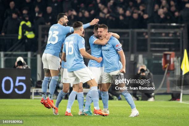 Sergej Milinković-Savić of SS Lazio celebrates after scoring a goal to make it 1-0 during the Serie A match between SS Lazio and AC MIlan at Stadio...