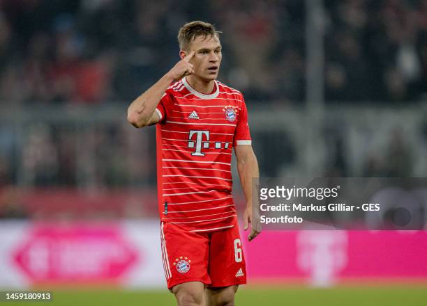 Joshua Kimmich of Bayern celebrates after scoring his team's first goal during the Bundesliga match between FC Bayern München and 1. FC Köln at...