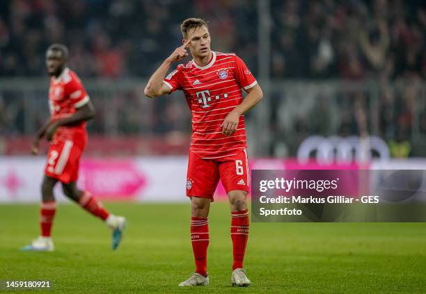 Joshua Kimmich of Bayern celebrates after scoring his team's first goal during the Bundesliga match between FC Bayern München and 1. FC Köln at...