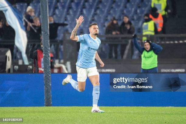 Sergej Milinković-Savić of SS Lazio celebrates after scoring a goal to make it 1-0 during the Serie A match between SS Lazio and AC MIlan at Stadio...