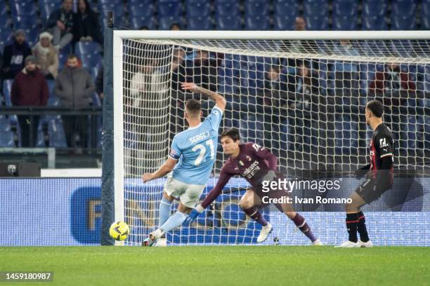 Sergej Milinković-Savić of SS Lazio scores 1-0 goal during the Serie A match between SS Lazio and AC MIlan at Stadio Olimpico on January 24, 2023 in...