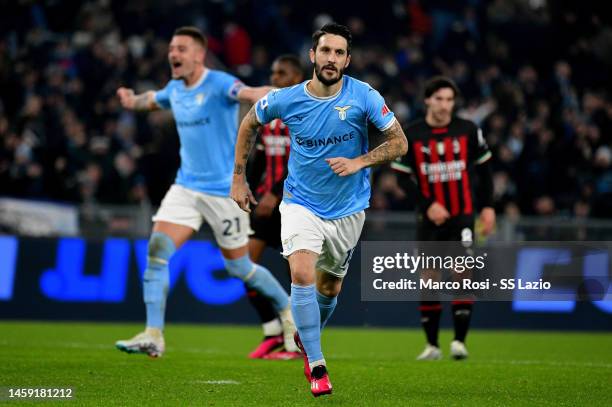 Luis Alberto of SS Lazio celebrates a third goal a penalty during the Serie A match between SS Lazio and AC MIlan at Stadio Olimpico on January 24,...