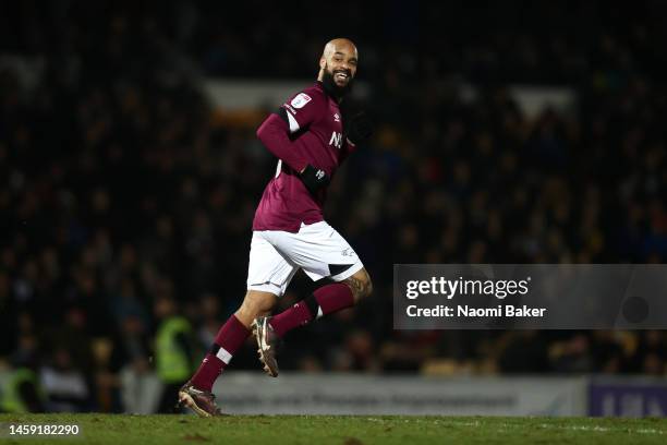 David McGoldrick of Derby County celebrates after scoring the team's first goal during the Sky Bet League One match between Port Vale and Derby...