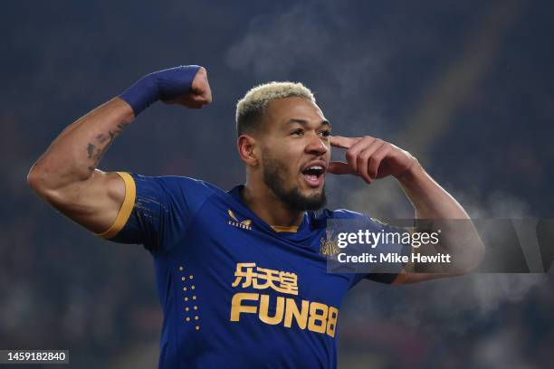 Joelinton of Newcastle United celebrates after scoring the team's first goal during the Carabao Cup Semi Final 1st Leg match between Southampton and...