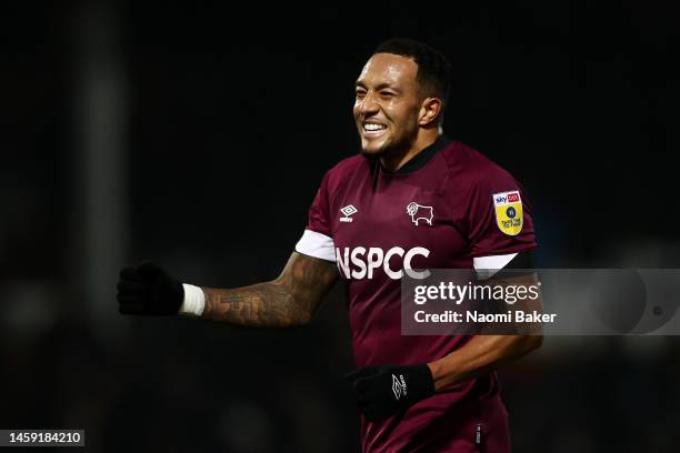 Nathaniel Mendez-Laing of Derby County celebrates victory after the Sky Bet League One match between Port Vale and Derby County at Vale Park on...