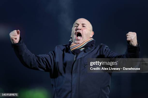 John Coleman the manager of Accrington Stanley celebrates after the Emirates FA Cup Third Round match between Accrington Stanley and Boreham Wood at...