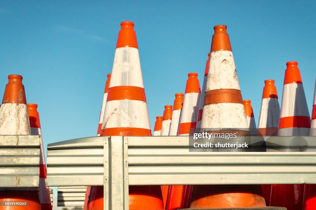 Close-up of rows of Construction Cones on at the back of a truck