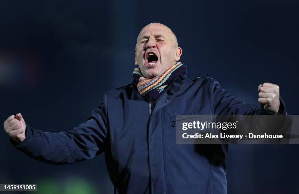 John Coleman the manager of Accrington Stanley celebrates after the Emirates FA Cup Third Round match between Accrington Stanley and Boreham Wood at...