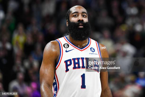 James Harden of the Philadelphia 76ers in action during the second half of a game against the Utah Jazz at Vivint Arena on January 14, 2023 in Salt...
