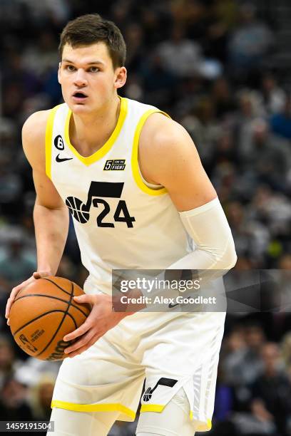 Walker Kessler of the Utah Jazz looks on during the second half of a game against the LA Clippers at Vivint Arena on January 18, 2023 in Salt Lake...