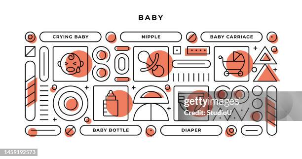 baby infographic concept with geometric shapes and crying baby,nipple,baby carriage,diaper line icons - changing nappy stock illustrations