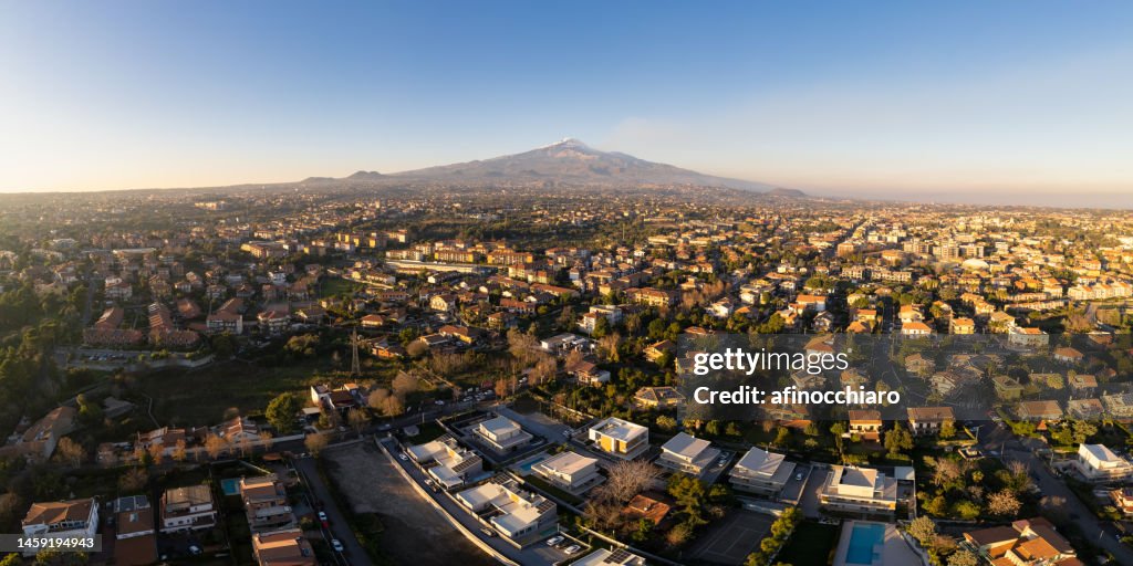 Aerial view of Mount Etna and Catania city, Sicily, Italy