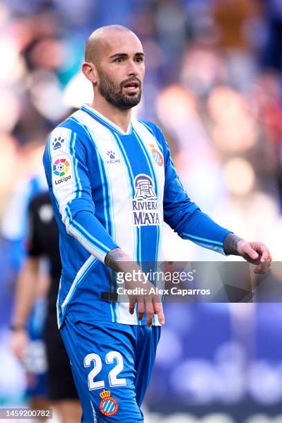 Aleix Vidal of RCD Espanyol looks on during the LaLiga Santander match between RCD Espanyol and Real Betis at RCDE Stadium on January 21, 2023 in...