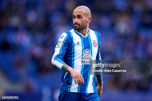 Aleix Vidal of RCD Espanyol looks on during the LaLiga Santander match between RCD Espanyol and Real Betis at RCDE Stadium on January 21, 2023 in...