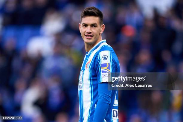 Cesar Montes of RCD Espanyol looks on during the LaLiga Santander match between RCD Espanyol and Real Betis at RCDE Stadium on January 21, 2023 in...